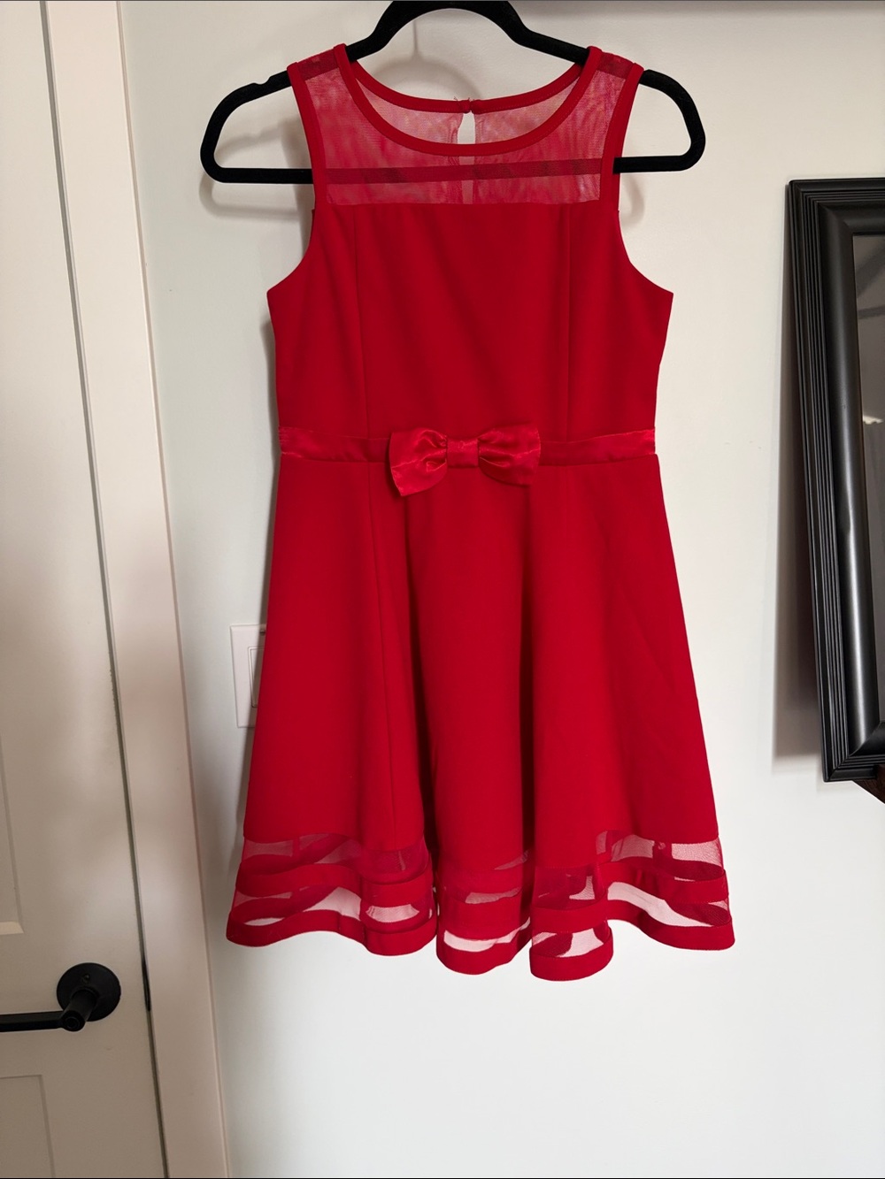 Girls Calvin Klein Red Mesh-Trim Party Dress with Bow